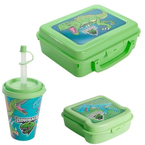 AC - Set de fiambrera con asa, sandwichera y vaso de 430 ml, plástico, niños, apto para uso alimentario, material escolar, infantil (Dinosaurio - 3 piezas)