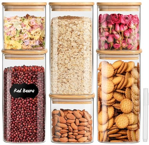 GANGANWU Glass Jars 6 Pcs Glass Spice Jars With Bamboo Lids 1.5L Glass Jars With Lids Clear Pantry Organization Jars for Sugar, Flour, Coffee, and Dry Goods