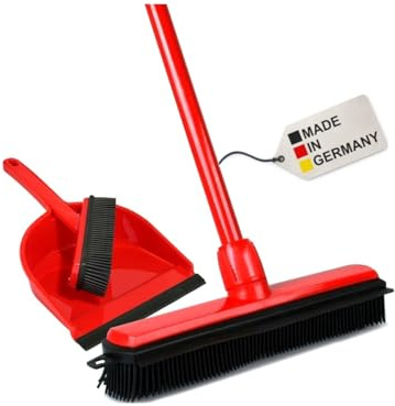 BawiTec Gummibesen Noppenbesen Friseurbesen-Set Kehrgarnitur Teleskopstiel Stiel Handfeger Kehrschaufel Tierhaare Besen Kunststoffbesen Tierhaarbesen Kunststoff Gummi (Rot, Schwarz)