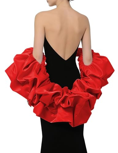 UniqKaliber Scialle da sposa in raso con mantella a cappa, bolero con maniche a sbuffo e arricciato, avvolgente per abito da sposa, Rosso, taglia unica