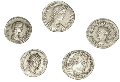 Monedas Romanas imperiales Antiguas chapadas en Plata – Set de colección de réplicas de emperadores Romanos, 5 Piezas – Artesanía Italiana, Hechas a Mano – Made in Italy