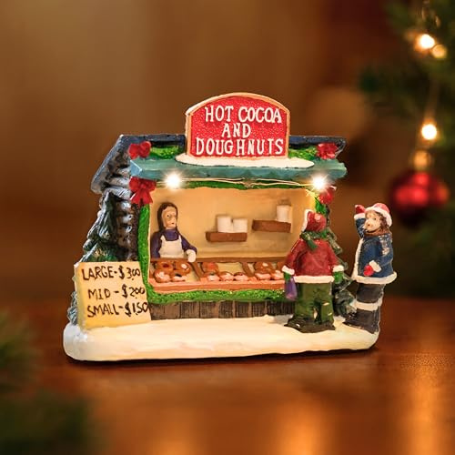 Marco Paul Hot Cocoa & Doughnut Stand Christmas Village Ornament – Hand-Painted Resin LED Light-Up Xmas Scene, Battery Powered Warm White Christmas Decoration for Indoor Displays