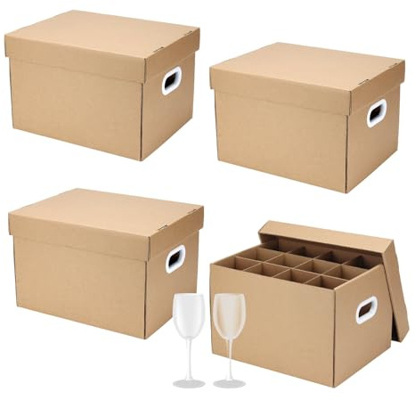 DIICCYO 4 Pack Wine Glass Moving Boxes, 15 x 12 x 10 Inches Moving Boxes with Lid Glassware Dish Packing Box Corrugated Dividers with Handles and Lids for Kitchen Dish Glassware, Brown
