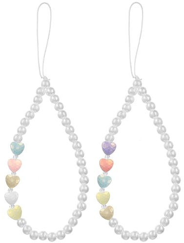 IWOWHERO Dragonne pour Téléphone 2 Pièces en Plastique et Résine Pendentif Cœur Perlé, Finition Soignée, Style Mignon pour Femmes, pour Fête ou Anniversaire