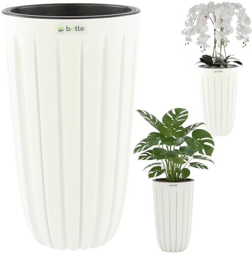 botle Pot de fleurs avec insert, couleur blanche, rond, diamètre : 29 cm, hauteur : 50 cm, belles rainures élégantes, surface mate, plastique, moderne, glamour, pour terrasse, jardin, balcon, maison