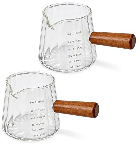 Goktvai 2pcs Espresso Measuring Cups, 6oz Transparent Espresso Shot Glass Measuring Cup with Wood Handle & V-Shaped Spout for Coffee Milk Tea Liquid Serving Bar Accessories