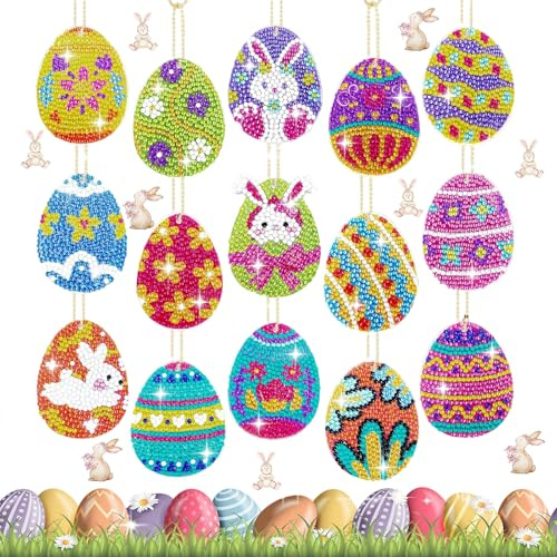 15 Stück Diamond Painting Ostern, Diamond Painting Anhänger Set Deko Frühling, 5D DIY Ostern Dia-mond Pain-ting Set, DIY Doppelseitige O-stern Dia-mond Pain-ting, O-stern DIY Bastelgeschenke Geschenk