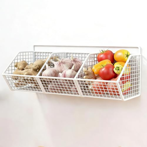 Wandkorb Metall Weiß mit 3 Fächern, Hängekorb Küche ohne Bohren, Rostbeständiger Drahtkorb Wand für Gemüse, Hängende Obstkörbe und Gemüsekörbe, Küchen Organizer für Zwiebeln Kartoffeln Aufbewahrung