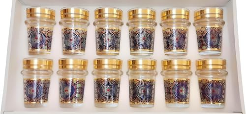 Générique Set de 12 Verres à Thé Marocains Traditionnels, Multicolore avec Motif Floral Oriental, Verre Transparent avec Bande Dorée Métallisée