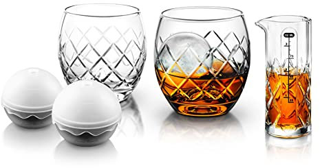 Final Touch Yarai on The Rock Hand-Etched Whisky 2 x Glass 236ml & 2 x Silicone Ice Mould & Glass Measuring Jigger - Ideal for Whiskey, Scotch, Bourbon On The Rocks - 5 Piece Set