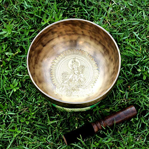 21 cm Tibetische Göttin Tara Pin Carving besonderen Sound Himalaya-7 Metall Klangschale aus Nepal