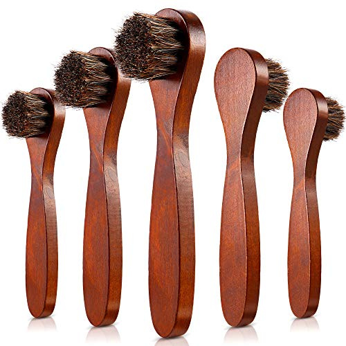 Jovitec 5 Pack Dauber Brush Shoes Polish Brush Horsehair Wooden Care Shine Polish Handle Clean Dauber for Shoes and Bags, Brown