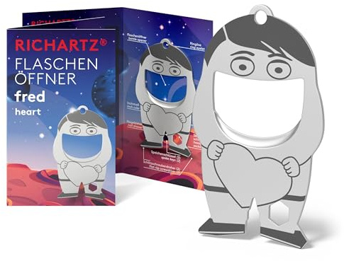 RICHARTZ FLASCHENÖFFNER fred heart | Multitool Schlüsselanhänger | 10 praktische Funktionen | matt gestrahlter Edelstahl | Schlüsselanhänger Werkzeug inkl. Funktionsbeschreibung