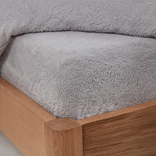 Brentfords Teddy Fleece Fitted Sheet, Gifts for Women Men Soft Warm King Size Fitted Sheets Thermal Luxury Winter Teddy Bear Bedding Easy to Use Fit, Grey Silver