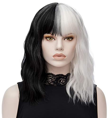ATAYOU Perücke Schwarz Weiß, Kurze Cosplay Halb Schwarz Halb Weiß Schwarz Weiß Halloween Kostüm Damen Perücke mit Kappe