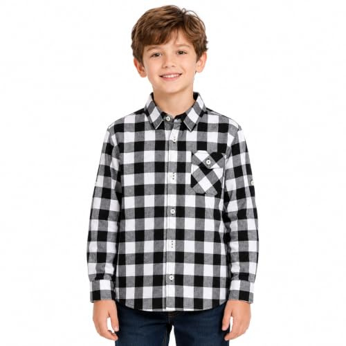 Bienzoe Niño Calentar Franela Manga Larga Tartán Camisa Negro/Blanco 7/8