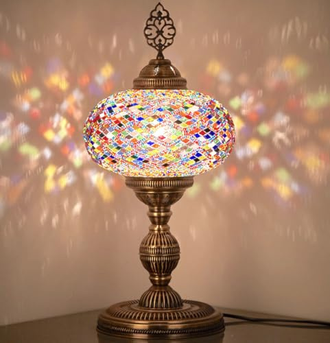 DEMMEX XXL Turkish Moroccan Mosaic Table Lamp with 10 Biggest Size Globe, Boho Desk Bedside Night Accent Lamp Lampshade, Antique Brass Color Metal Body, Handmade in Turkey, 23x10 (Multicolor)
