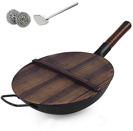 Pan in ferro forgiato a mano, padella antiaderente per uso domestico vecchio stile, cucina sana multifunzionale senza arruzione wok,D,36CM