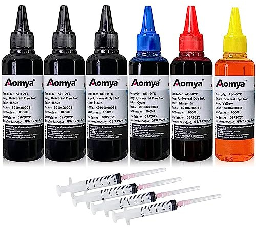 Aomya 600ml Kit de recharge d'encre universelle pour imprimantes HP Canon Epsn Brother Lexmark Cartouches rechargeables compatibles avec système CISS CIS, 4 couleurs BCMY avec 4 seringues gratuites