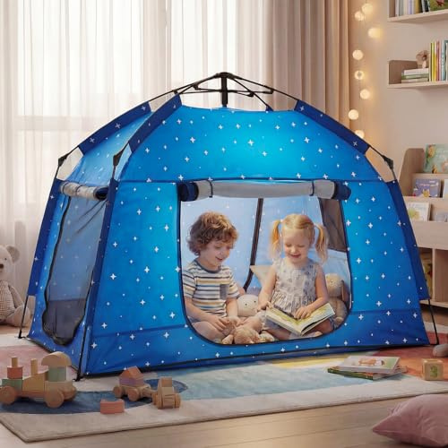 Kids Play Tent-Portable Playhouse Children House -Easy Set up Indoor Outdoor with Carry Bag for Kids-Light Strip Design for Night Use with Starry Fabric - Space for Children and Parents-Birthday