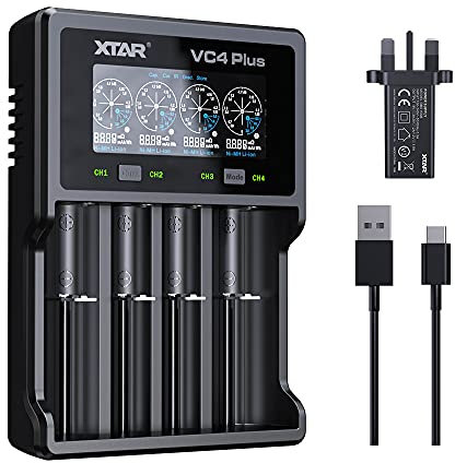 XTAR VC4 PLUS Battery Charger,included QC3.0 adapter charge Liion and Ni-MH battery at the same time 3A Fast Charger, 4 Bay Rechargeable Battery Charger (VC4 PLUS+ UK Adapter)