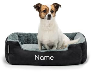 lionto Lit pour Chien avec Coussin réversible et Base antidérapante, Coussin Douillet pour Animaux avec entrée Basse pour Chiens et Chats de Tout âge, 60x48 cm, Noir/Gris (avec nom imprimé)