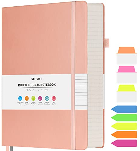 Lined Journal Notebook, Large A5 College Ruled Notebook, 312 Numbered Pages Work Notebook with Index Stickers, 100gsm Thick Paper, Hardcover Vegan Leather Journal for Women Men School Office, Pink