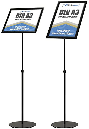 DisplayLager - Infoständer aus Stahl in Schwarz, Höhenverstellbar, Robust. Für Quer/Hochformat Einsatz (A3)