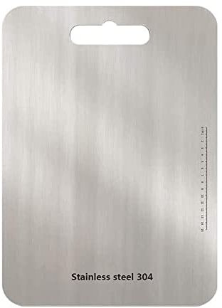 Tabla de cortar de acero inoxidable 304, tabla de cortar para acampar, tabla de desayuno higiénica antibacteriana con asa, cuidado del orificio, moderna con escala (36x25cm)