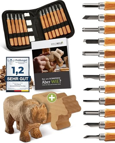 HOLZHELD Schnitzwerkzeug und Schnitzrohling (17-teilig) mit Anleitung für 1 Schnitzprojekt & Holzrohling aus Lindenholz -12 hochwertige Schnitzmesser