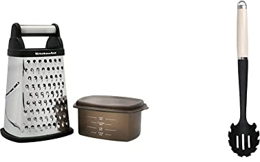 KitchenAid Vierkantreibe, 4-seitige Käsereibe aus Edelstahl mit Hobel, Reibe und Zesteur & Pasta-Servierlöffel, Hitzeresistent, Antihaftbeschichtung, Spaghettilöffel – Almond Creme