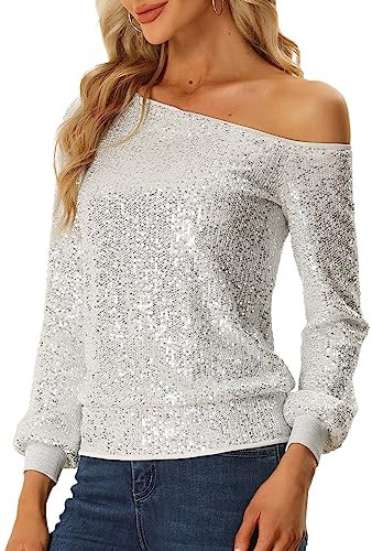 Allegra K Damen Schulterfrei Pailletten Oberteile Langarm Disco Party Glitzer Top Bluse Silber XL