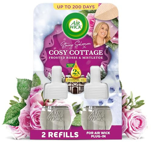 Air Wick Plug in Diffuser Twin Refill, Cosy Cottage Frosted Roses & Mistletoe, 2 x 19ml, Long Lasting Fragrance, Lasts up to 200 days, Plug in Air freshener