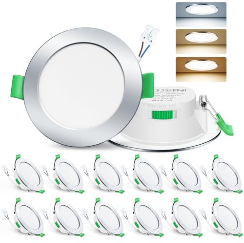 ALUSSO LED Einbaustrahler 230V Deckenspots flach Dimmbar 7W Ultra Slim Spots IP44 Deckenstrahler Einbauleuchten für Badezimmer Küche, 3000K/4000K/6500K Einbauspots, Rund Chrom 12er Set