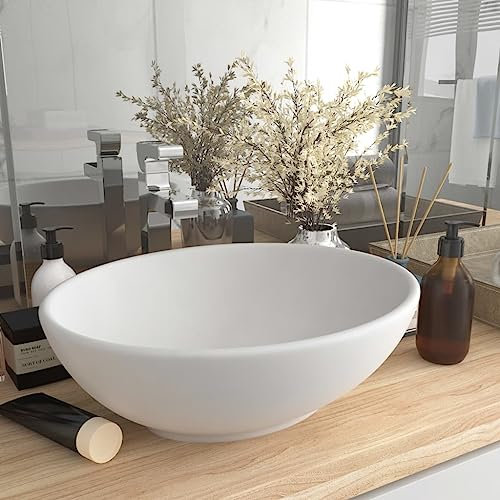 HIGSOSE 40x33 cm Lavandino Lusso Ovale Bianco Opaco in Ceramica Lavabo da Esterno Lavatoio Ceramica Lavabo da Appoggio Lavandino da Appoggio Arredo Bagno Lavabo Appoggio Lavatoio da Esterno