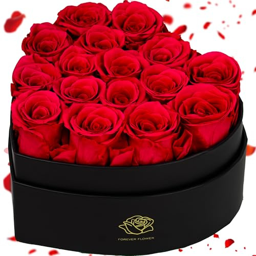 16-Piece Forever Flowers Heart-Shaped Box – Real Immortal Preserved Roses Lasting a Year, Perfect for Birthday, Girlfriend, Mother, or Wife, Valentine Day Gift for Her - Red