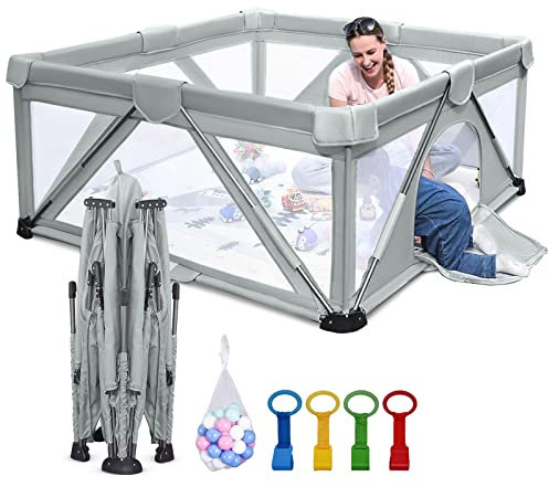 Baby Laufgitter faltbar, Heyo.Ja großer Spielhof, Laufgitter für Babys und Kleinkinder, Spiel Stifte für Babys und Kleinkinder mit Tor, tragbarer Laufstall für drinnen und draußen (120 x 120 x 68 cm)