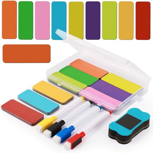 Annyswit 72 Pcs Magnetic Dry Erase Labels, 9 Color Name Tags | 80x30mm Magnetic Labels with Whiteboard Marker and Eraser for Classroom, Refrigerator, Shelves, Racks and Organization