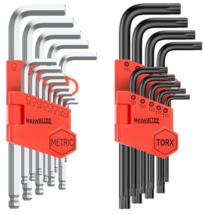 Meiwaltee 22 Pezzi Set di Chiavi a Brugola, Metriche Chiavi Esagonali con Testa a Sfera 1,5-10mm e T10-T50 Estremità Cava Torx Stella Chiavi Per DIY Auto e Biciclette Riparazione-Acciaio Cr-V