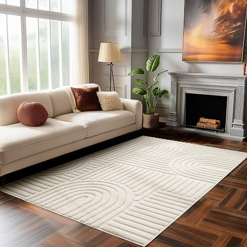 HomebyHome Teppich 140x200 cm Creme, Hochflor Wohnzimmer Teppich, Weich & Flauschig, Skandinavisch Boho Stil, Langflor Shaggy, Pflegeleicht, Jute Rückseite