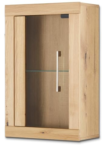 smart Hängeschrank in Wildeiche matt, Rahmen aus Massivholz geölt, 42 cm x 66 cm x 22 cm mit Glastür mit einseitigem Massivholzrand, Badmöbel im Skandi Look,