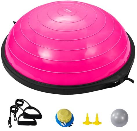 VEVOR Entrenador de Pelota de Medio Ejercicio, Entrenador de Pelota de Equilibrio de 660 x 200 mm de Capacidad de 680 kg con Bandas de Resistencia y Bomba de Pie, para Gimnasio en Casa, Color Rosa