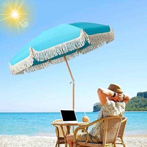 Sonnenschirm Strand Blauer Strandschirm für Sand, UPF50+, Terrassenschirm mit Fransen, 1,8 m, Außenschirm mit Neigung, Poolschirm, wasserdichter Außentischschirm mit Tragetasche für Urlaub, Garten, R