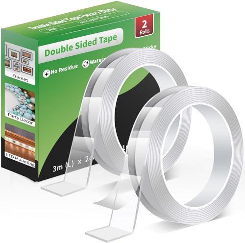 Euqvunn Nastro Biadesivo Extra Forte, Nano Nastro Adesivo Trasparente, Rimovibili e Resistente All'acqua, per Poster/Appendere a Muro/Tappeti, 2 Rotoli (3,0 m× 2,0 cm × 1 mm)