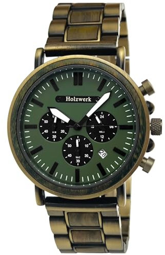 Holzwerk Germany Handgefertigte Designer Herren-Uhr Öko Natur Holz-Uhr Chronograph Armband-Uhr Analog Quarz-Uhr Grün Gold Braun Datum Holz Ziffernblatt