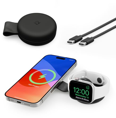 Twelve South Butterfly SE 2-in-1 Qi2 Reise-Ladegerät für iPhone, Airpods und Apple Watch Schwarz | Lädt iPhone, AirPods und Apple Watch, zusammenklappbar auf AirPods-Gehäusegröße, Standby- und Nachttisch-Modus, 15 W, USB-C