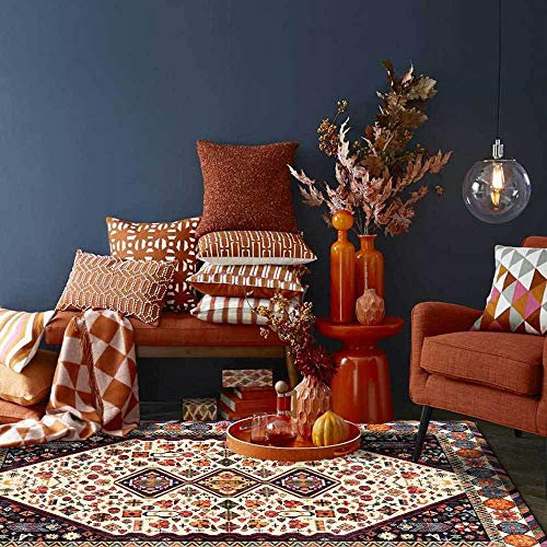 SJHDHDA Neuer waschbarer Wohnzimmerteppich, rutschfeste Akzentteppiche, Schlafzimmer-Esszimmer-Flurteppich, weicher Kurzflorteppich, ethnisches geometrisches Muster, Orangerot, 120 x 170 cm Learned