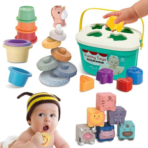 4-in-1 Montessori Spielzeug für Babys, Badespielzeug, feinmotorische Übungen, Tastsinn, Stapeln und Stecken, Silikongummi