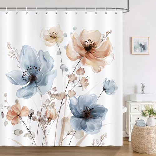 Bonhause Duschvorhang Boho Blumen Blau Rosa Aquarell Pflanze Modern Abstrakt Duschvorhänge 180 x 180 cm Anti-Schimmel Wasserdicht Polyester Stoff Waschbar Bad Vorhäng für Badzimmer mit 12 Haken