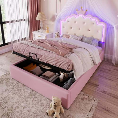 Polsterbett Doppelbett 140x200 cm, LED Kinderbett Mädchenbett Hydraulisch Stauraumbett Funktionsbett mit Stauraum&Lattenrost&Kronprinzessinnen-Kopfteil, Bettgestell für Mädchen, PU, Ohne Matratze,Rosa